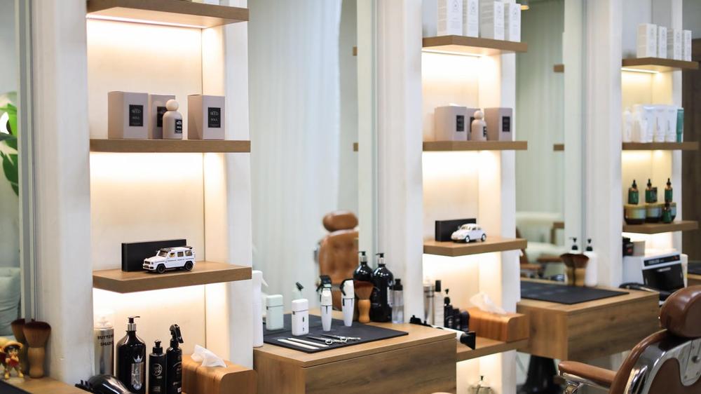 A barber station with grooming products
